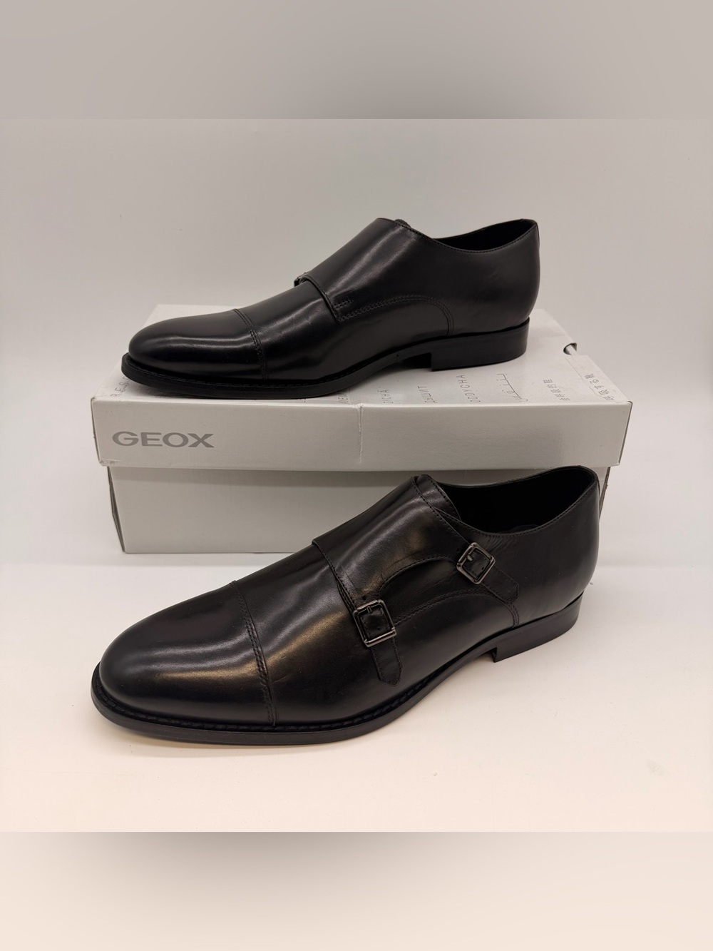 GEOX Respira U Hampstead Men’s Black Leather Double Monk Shoes EU 46 US 12.5